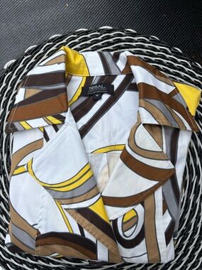 Tribal White blazer with Brown, Tan & Yellow Abstract Stripes